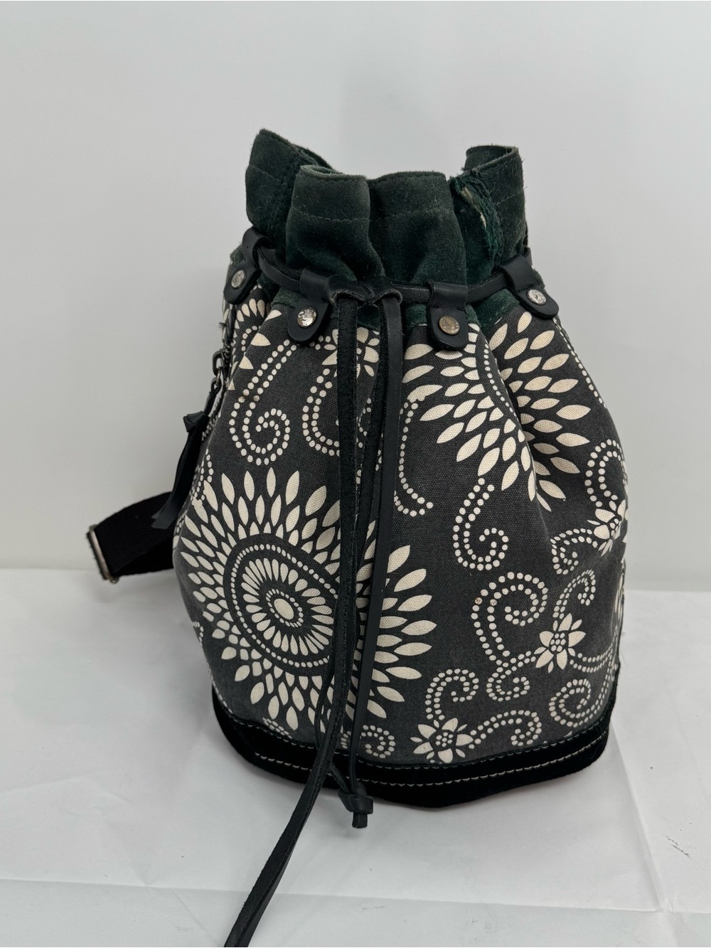 LUCKY BRAND Backpack (Deep Green Suede, Black Suede, Canvas Body, Cotton Straps)